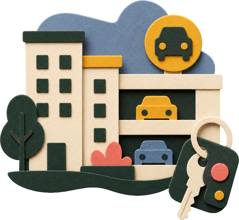 Handmade apartment building, parking garage, and key fob