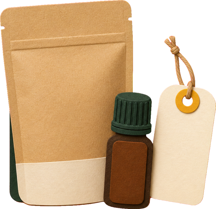 Handmade sample pouch, bottle, and blank claim tag