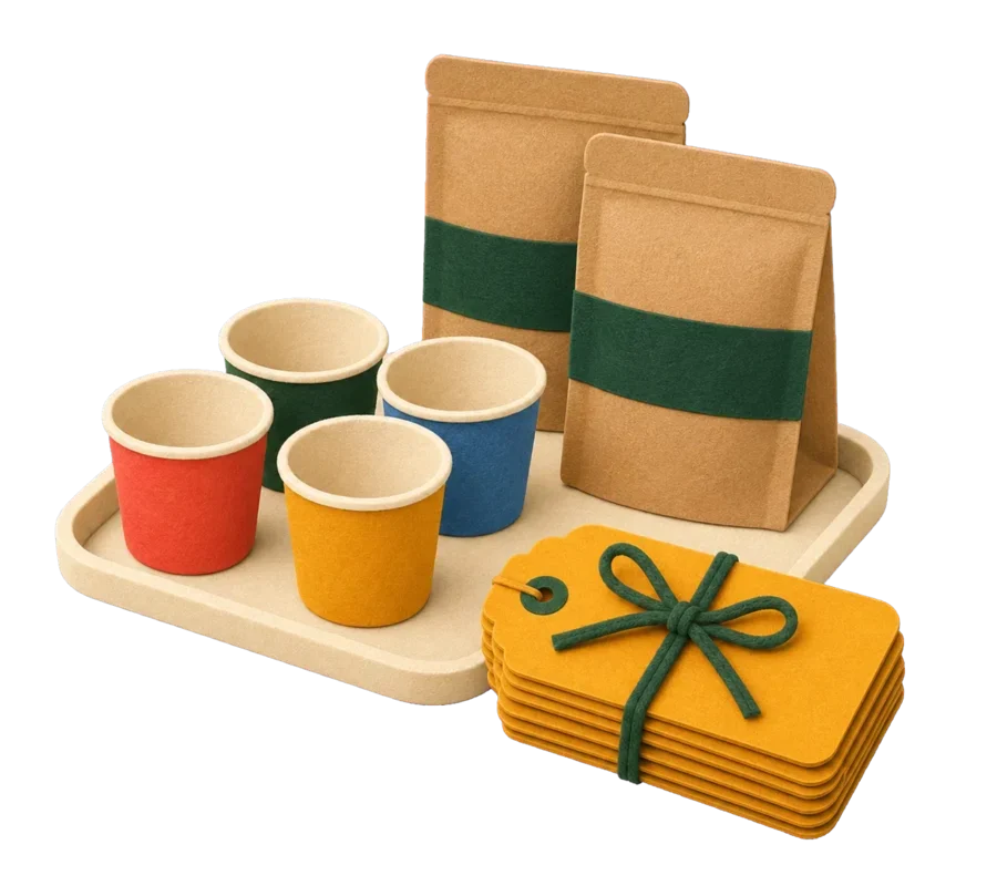 Handmade tray of samples and a limited stack of offer tags