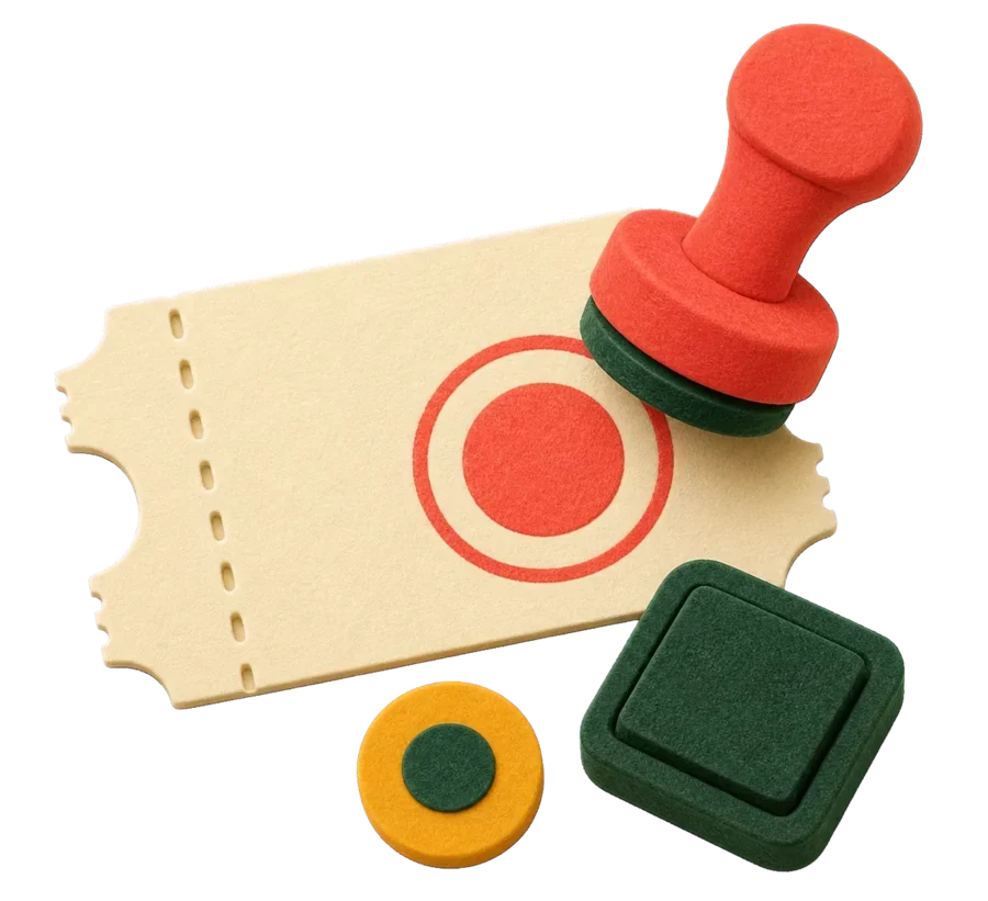 Handmade claim ticket, counter stamp, and redemption token