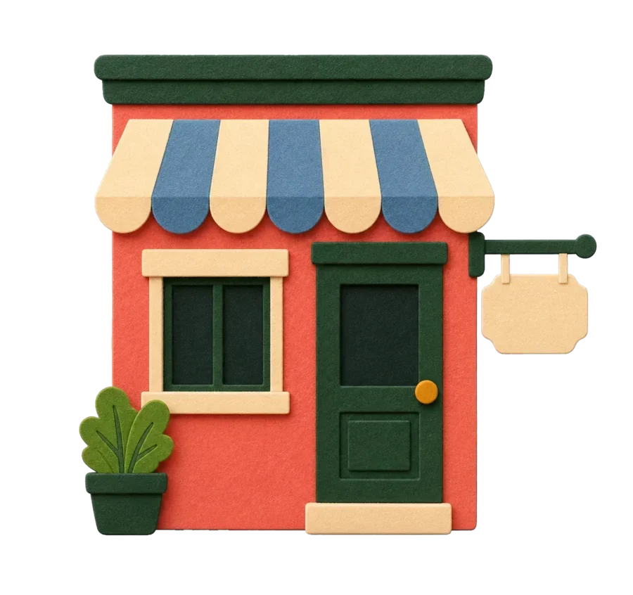 Handmade neighborhood storefront with a striped awning