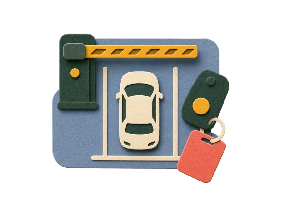 Handmade parking bay, car, barrier, and access fob