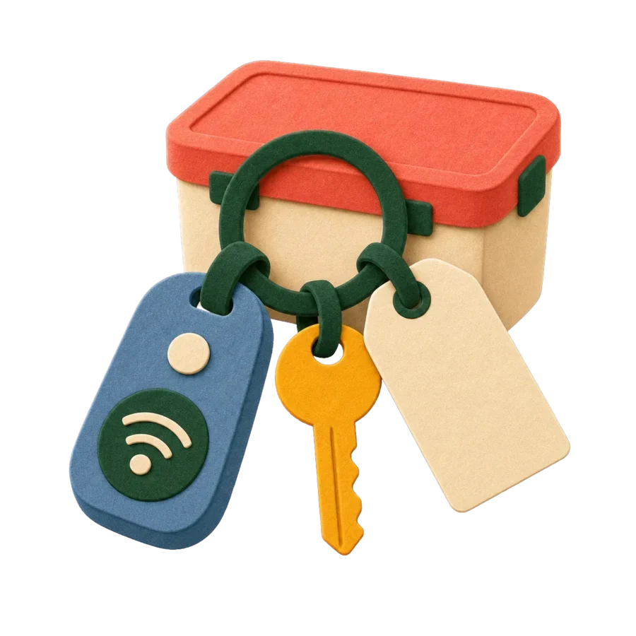 Handmade apartment key fob, key, tag, and storage tote