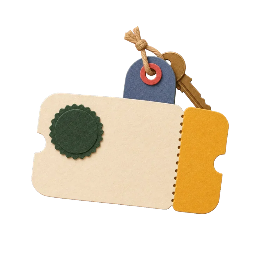 Handmade claim ticket with a key and building fob